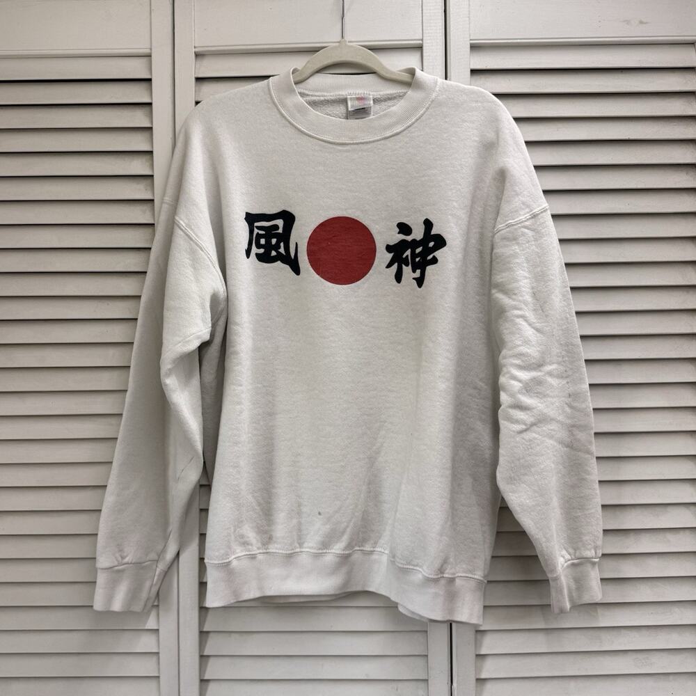 BEST Mens XL Fleece Crewneck Pullover Sweatshirt White Japanese Graphic Print